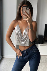 Silver Cowl Neck Chainmail Crop Top - Cher