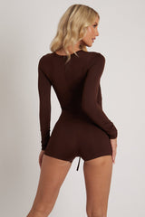 Chocolate Brown Cut Out Drawstring Ruched Playsuit - Ariel-Playsuits