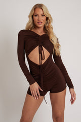 Chocolate Brown Cut Out Drawstring Ruched Playsuit - Ariel-Playsuits