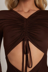 Chocolate Brown Cut Out Drawstring Ruched Playsuit - Ariel-Playsuits