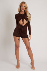 Chocolate Brown Cut Out Drawstring Ruched Playsuit - Ariel-Playsuits