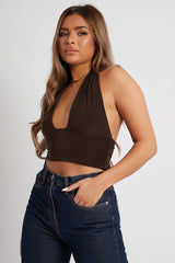 Chocolate Halter Neck Slinky Crop Top - Jessabel-Crop Tops