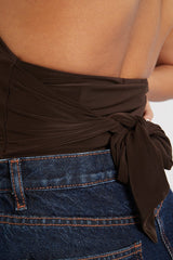 Chocolate Halter Neck Slinky Crop Top - Jessabel-Crop Tops