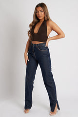 Chocolate Halter Neck Slinky Crop Top - Jessabel-Crop Tops