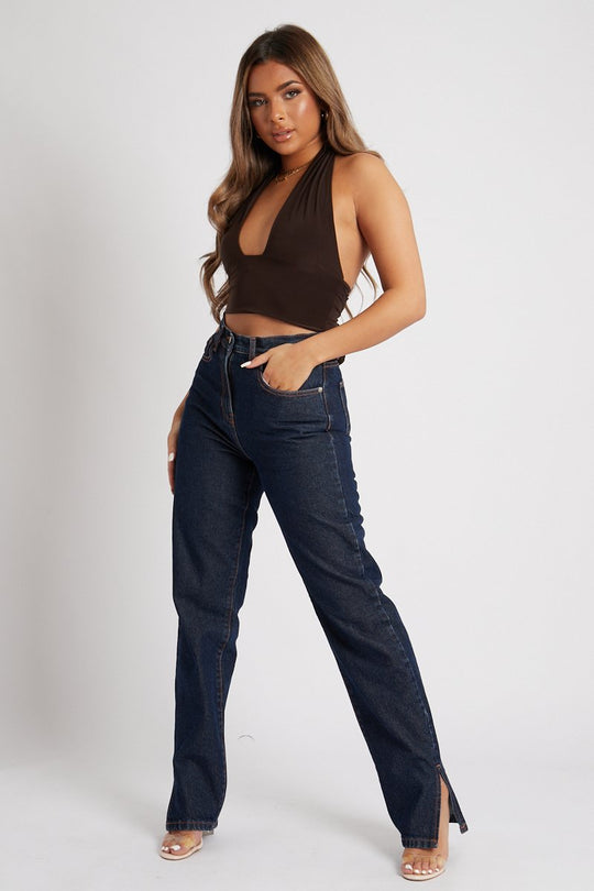 Chocolate Halter Neck Slinky Crop Top - Jessabel