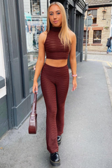 Chocolate High Neck Crop Top & Flare Pants Set - Dailyn