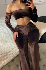 Chocolate Velvet Thumb Hole Bardot Crop Top - Josie