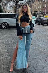 Blue Distressed Side Slit Wide Leg Jeans - Della