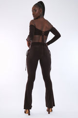 Chocolate Slinky Bardot Crop Top & Lace Up Trouser Set - Shay