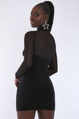 Black Curved Bust Mesh Detail Dress - Emmy