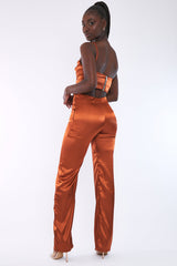 Rust Satin Straight Leg Trousers - Rose