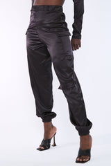 Black Satin Cargo Trousers - Maeve