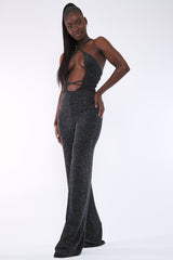 Black Glitter Halter Neck Cut Out Wide Leg Jumpsuit - Evie