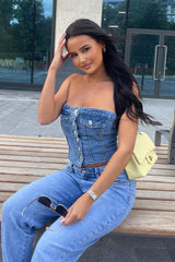 Mid Blue Denim Bandeau Button Front Crop Top - Emiko