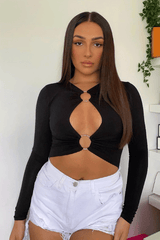 Black Ring Detail Cut Out Long Sleeve Bodysuit - Elissa