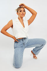 White Sleeveless Blazer Top - Frankiee