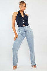 Navy Halterneck Plunge Waistcoat Top - Hazley