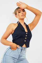 Navy Halterneck Plunge Waistcoat Top - Hazley