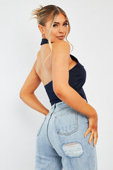 Navy Halterneck Plunge Waistcoat Top - Hazley