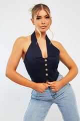 Navy Halterneck Plunge Waistcoat Top - Hazley