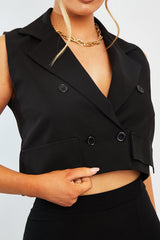 Black Cropped Sleeveless Blazer Top - Frankiee