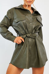 Khaki Faux Leather Belted Shirt Mini Dress - Alese