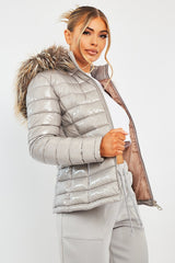 Grey Wet Look Puffer Coat - Soph