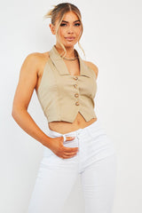 Stone Halterneck Plunge Waistcoat Top - Hazley
