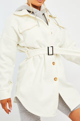 White Front Pocket Belted Shacket - Ranessa