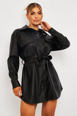 Black Faux Leather Belted Shirt Mini Dress - Alese