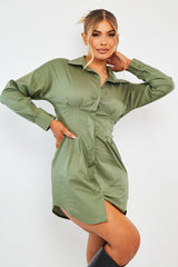 Khaki Tailored Waist Long Sleeve Shirt Dress - Laritza