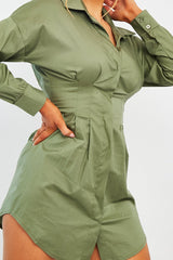 Khaki Tailored Waist Long Sleeve Shirt Dress - Laritza