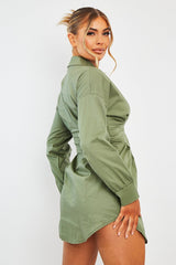 Khaki Tailored Waist Long Sleeve Shirt Dress - Laritza