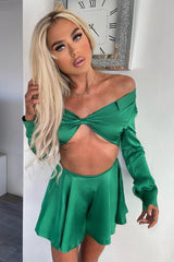 Green Satin Plunge Neck Crop Top - Esther