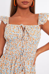 Floral Shirred Style Short Sleeve Cream Playsuit - Nelsy-Playsuits