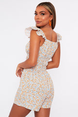 Floral Shirred Style Short Sleeve Cream Playsuit - Nelsy-Playsuits