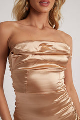 Gold Satin Ruched Mini Dress - Thia-Dresses