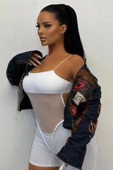 White Mesh Panel Shoulder Strap Playsuit - Hatsu