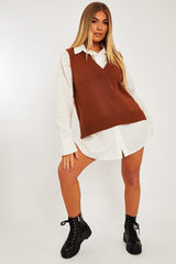 Camel Shirt Insert Knit Vest Top - Caris