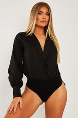 Black Satin Plunge Lapel Collar Bodysuit - Danica