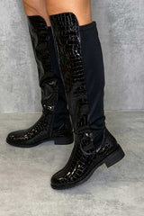 Black Patent Croc Knee High Flat Boots - Reginna
