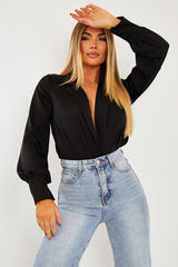 Black Satin Plunge Lapel Collar Bodysuit - Danica