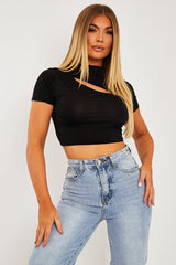 Black Cut Out Short Sleeve Slinky Crop Top - Harriet