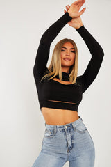 Black Double Cut Out High Neck Slinky Crop Top - Joana