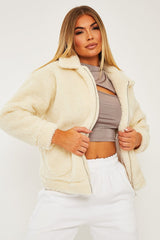 Cream Collar Zip Front Borg Teddy Jacket - Kaleah