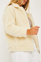 Cream Collar Zip Front Borg Teddy Jacket - Kaleah