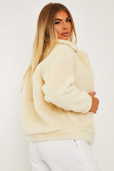 Cream Collar Zip Front Borg Teddy Jacket - Kaleah