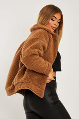 Brown Collar Zip Front Borg Teddy Jacket - Kaleah