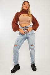 Brown Extreme Cut Out High Neck Jumper - Nihara