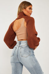 Brown Extreme Cut Out High Neck Jumper - Nihara